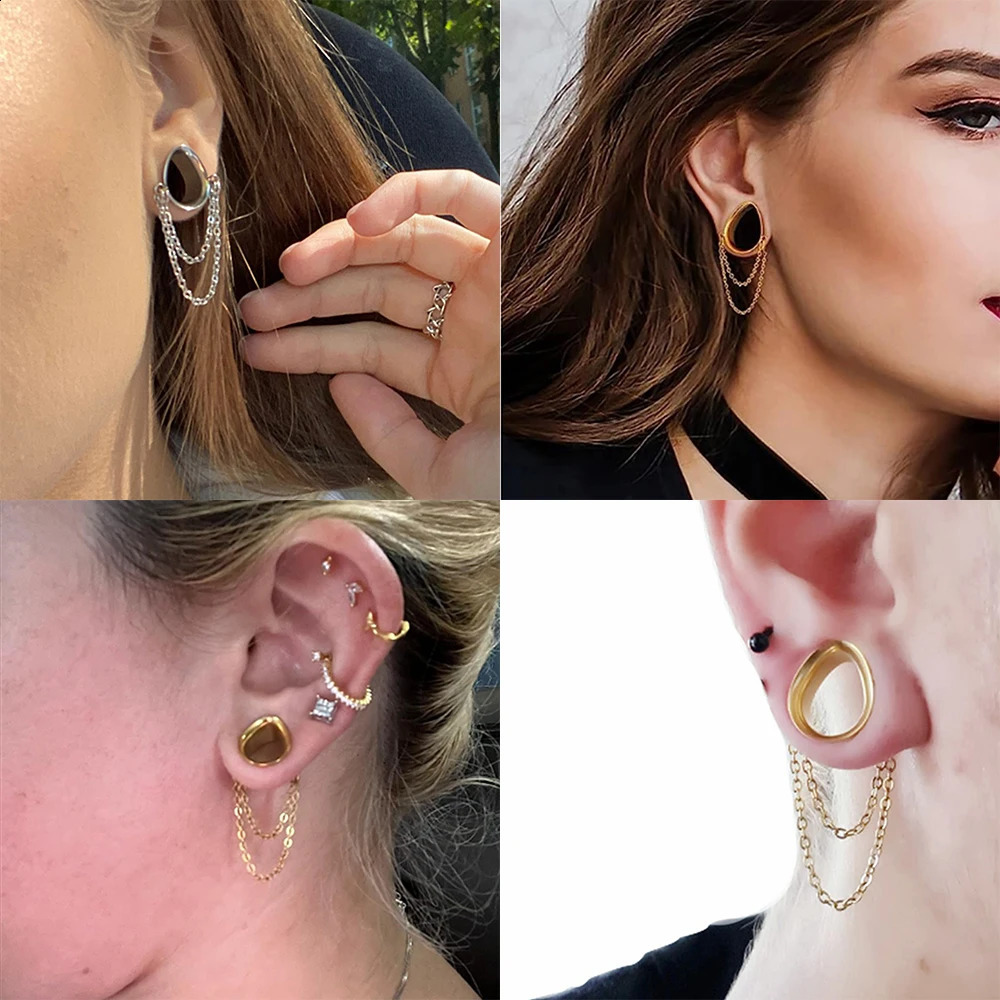 Doearko 2PCS Stainless Steel Ear Gauges Tunnels Teardrop Chain Plugs Stretchers Plugs Gauges Piercing Body Jewelry260528BJ - view 3