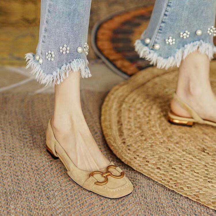 Ladies Flat Retro Square Toe Leather Loafers for Women Spring Casual Flats Elegant Metal Buckle Female Shoes