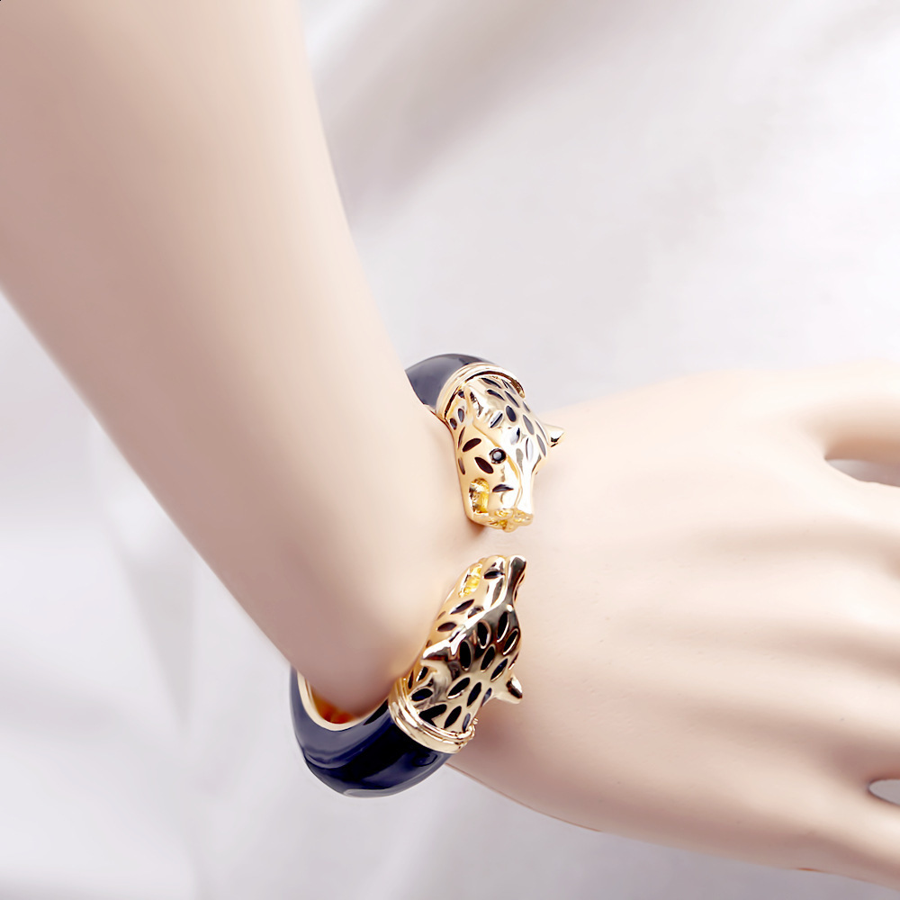 All Seasons Women Cuff Bracelet for Party Antique Gold Plated Animal Enamel Leopard Head Vintage Bracelet Bangle Trendy Jewelry 260519