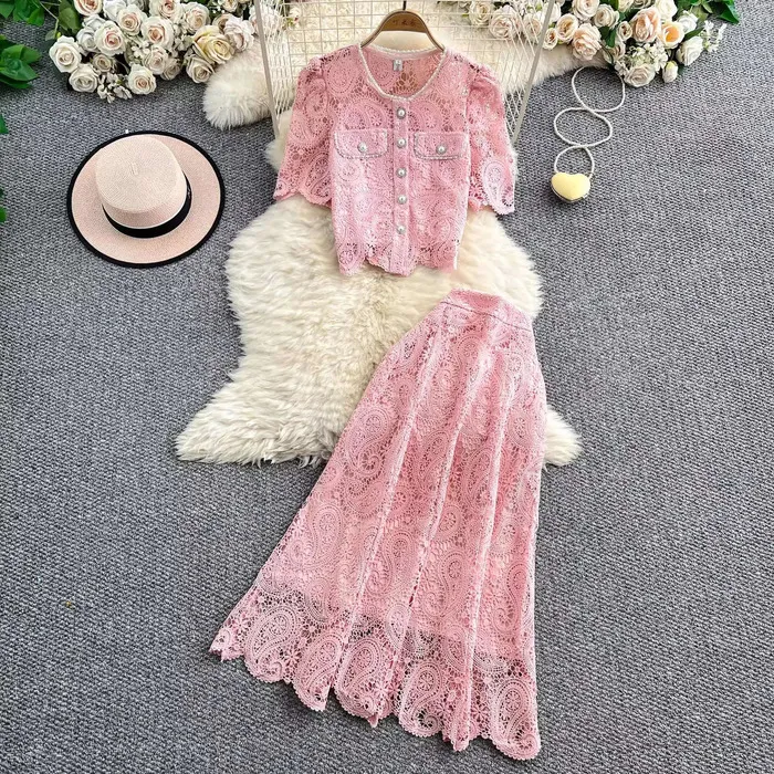 Elegant Pearl Long Dress Suit 2 Piece Sets Summer Short Sleeve Flower Embroidery Lace Shirt A Line Midi Skirt