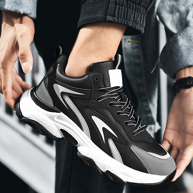 Mens Black Non Slip Grey Chunky Platform Dad Sneakers Lace Up Casual Daily Footwear Street Shoes - view 7