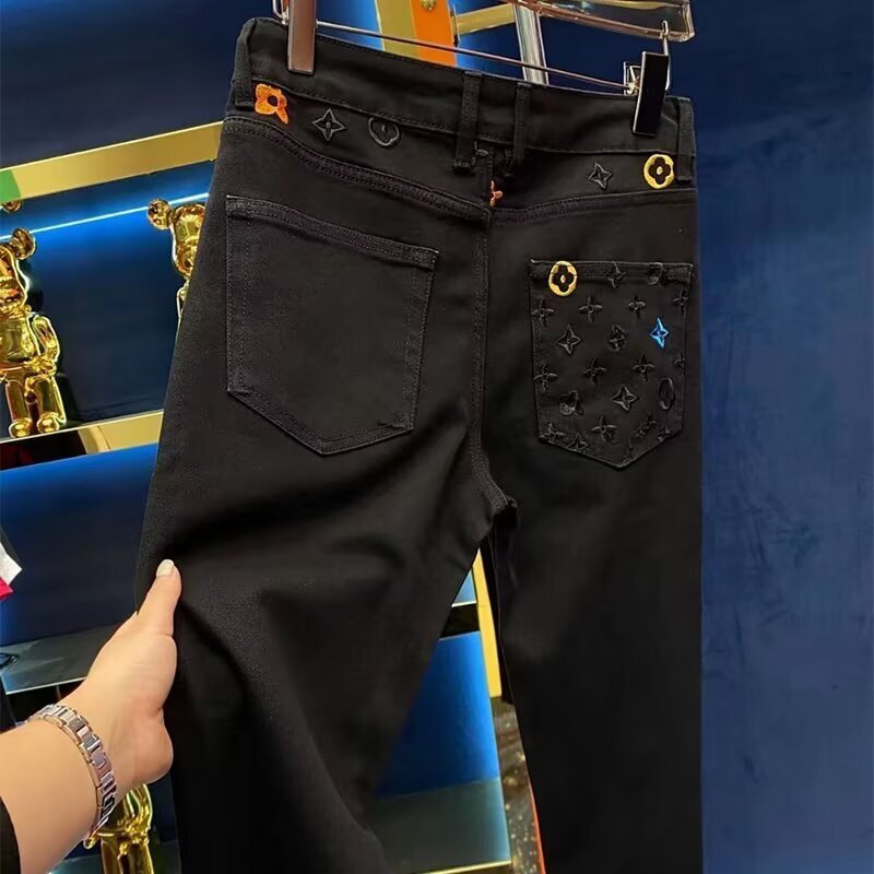 Designer Pants Jeans Men Men's Monogram Embroidered Black Jeans New European Style Slim Fit Light Luxury Casual Denim Pants