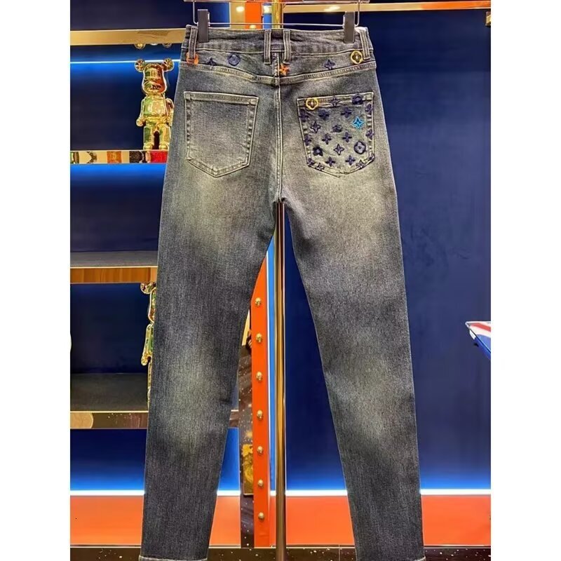 Designer Pants Jeans Men Men's Monogram Embroidered Black Jeans New European Style Slim Fit Light Luxury Casual Denim Pants