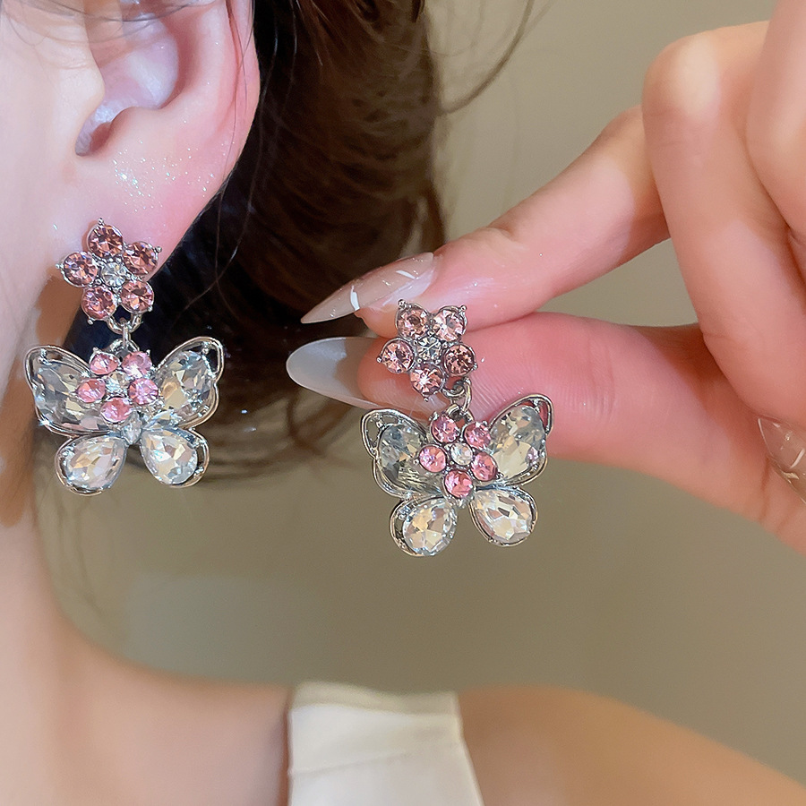 Silver Needle Diamond Inlaid Butterfly Flower Earrings and Necklace Set Exquisite Princess Style Luxurious Jewelry - view 3