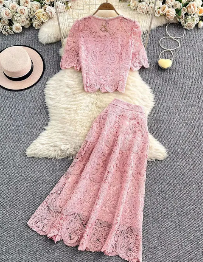 Elegant Pearl Long Dress Suit 2 Piece Sets Summer Short Sleeve Flower Embroidery Lace Shirt A Line Midi Skirt
