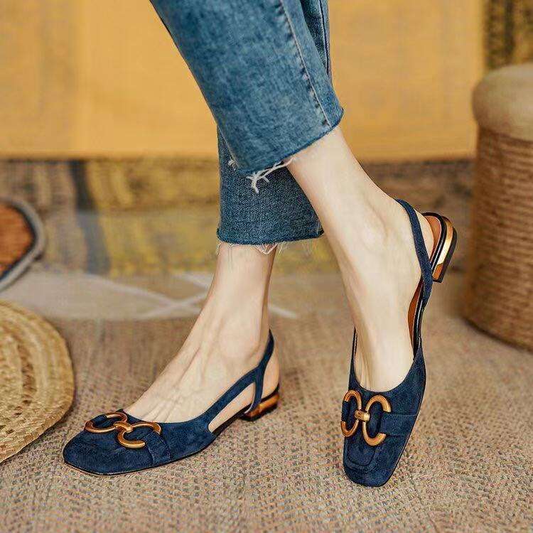 Ladies Flat Retro Square Toe Leather Loafers for Women Spring Casual Flats Elegant Metal Buckle Female Shoes