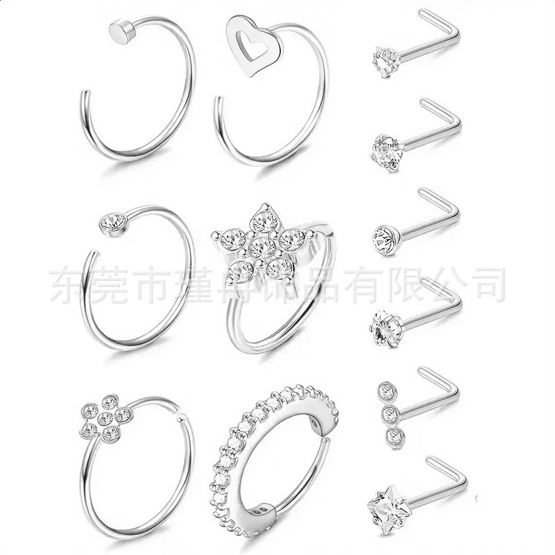 122 sets of nose nails made of stainless steel with diamond-encrusted zirconium puncture jewelry nose ring set 250807