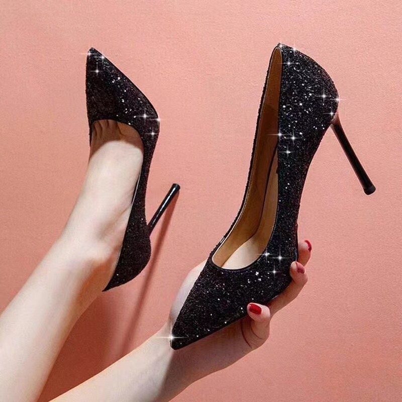 Dress Shoes Women's High Heels 2026 Summer Pointy Skinny Heel Casual Fashion Sequined Tacones Mujer Pumps Women