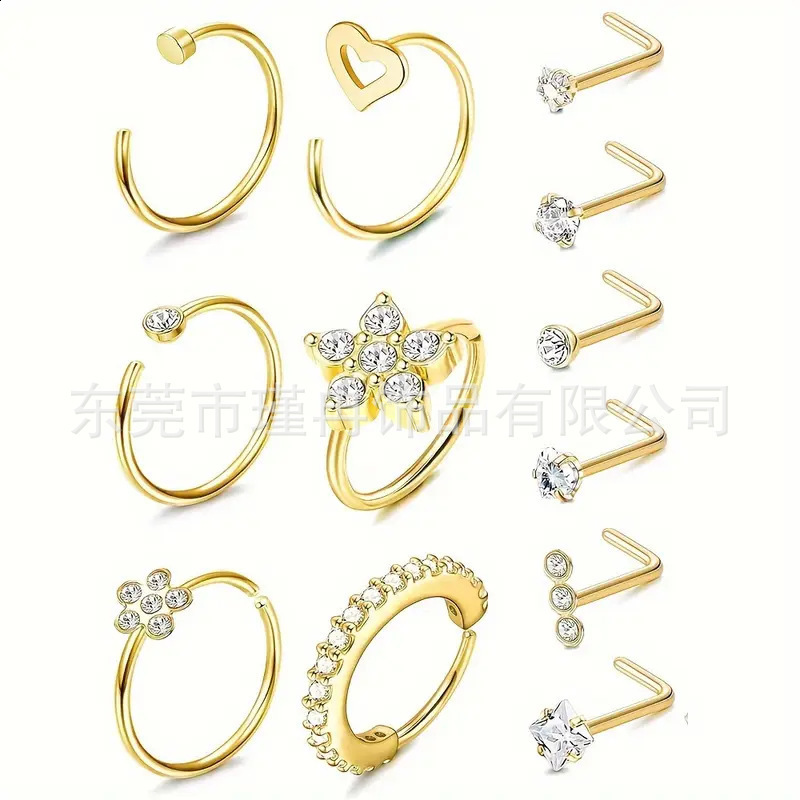 122 sets of nose nails made of stainless steel with diamond-encrusted zirconium puncture jewelry nose ring set 250807