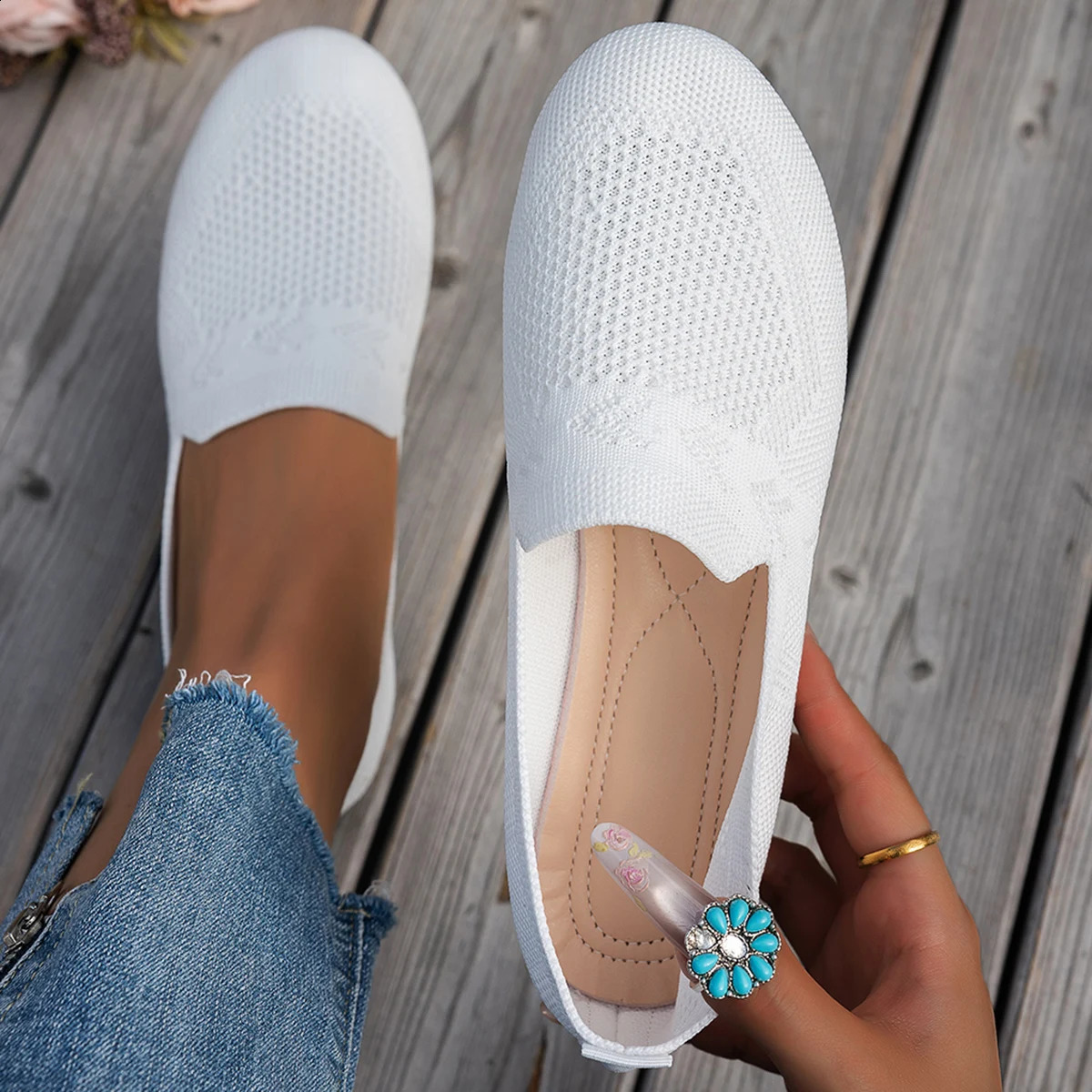 Casual round-toe knitted shoes comfortable walking shoes flat slip-on pumps 260525