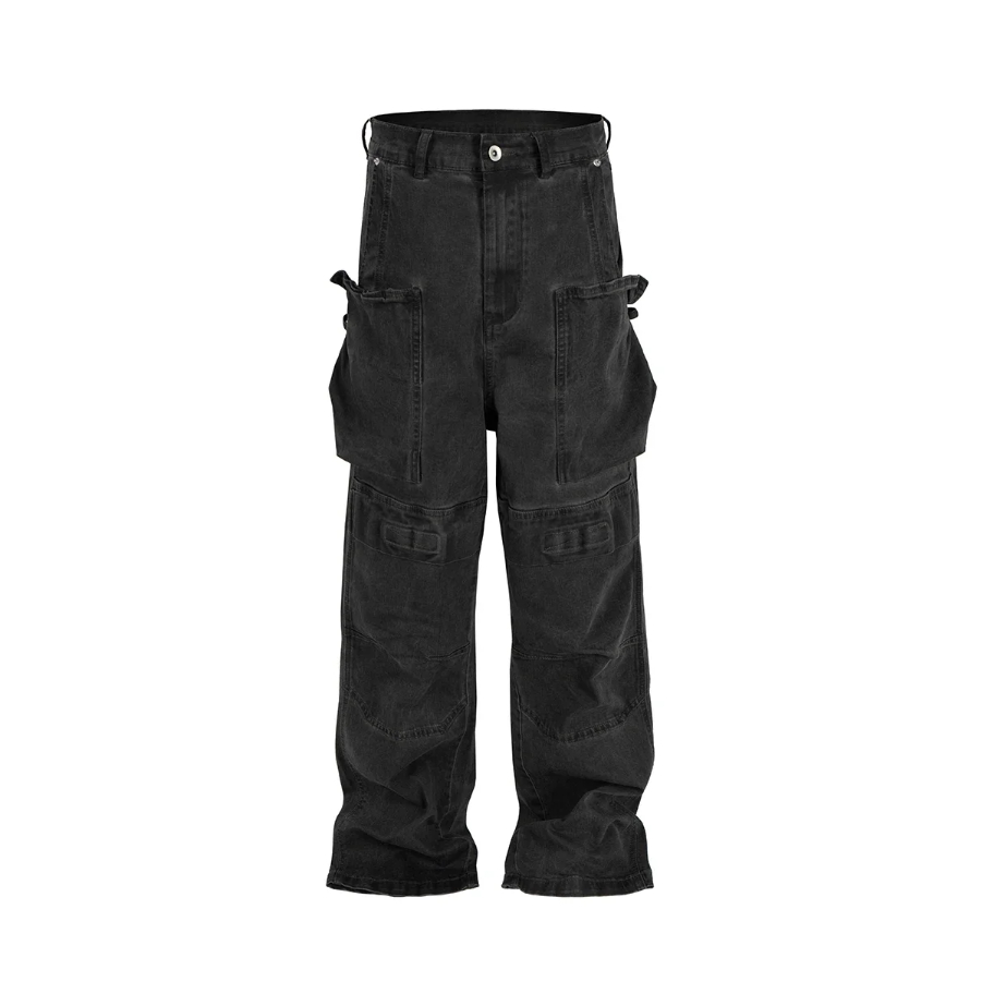 High Street Washed Pockets Jeans Men Women Straight Pants Oversized Denim Trousers