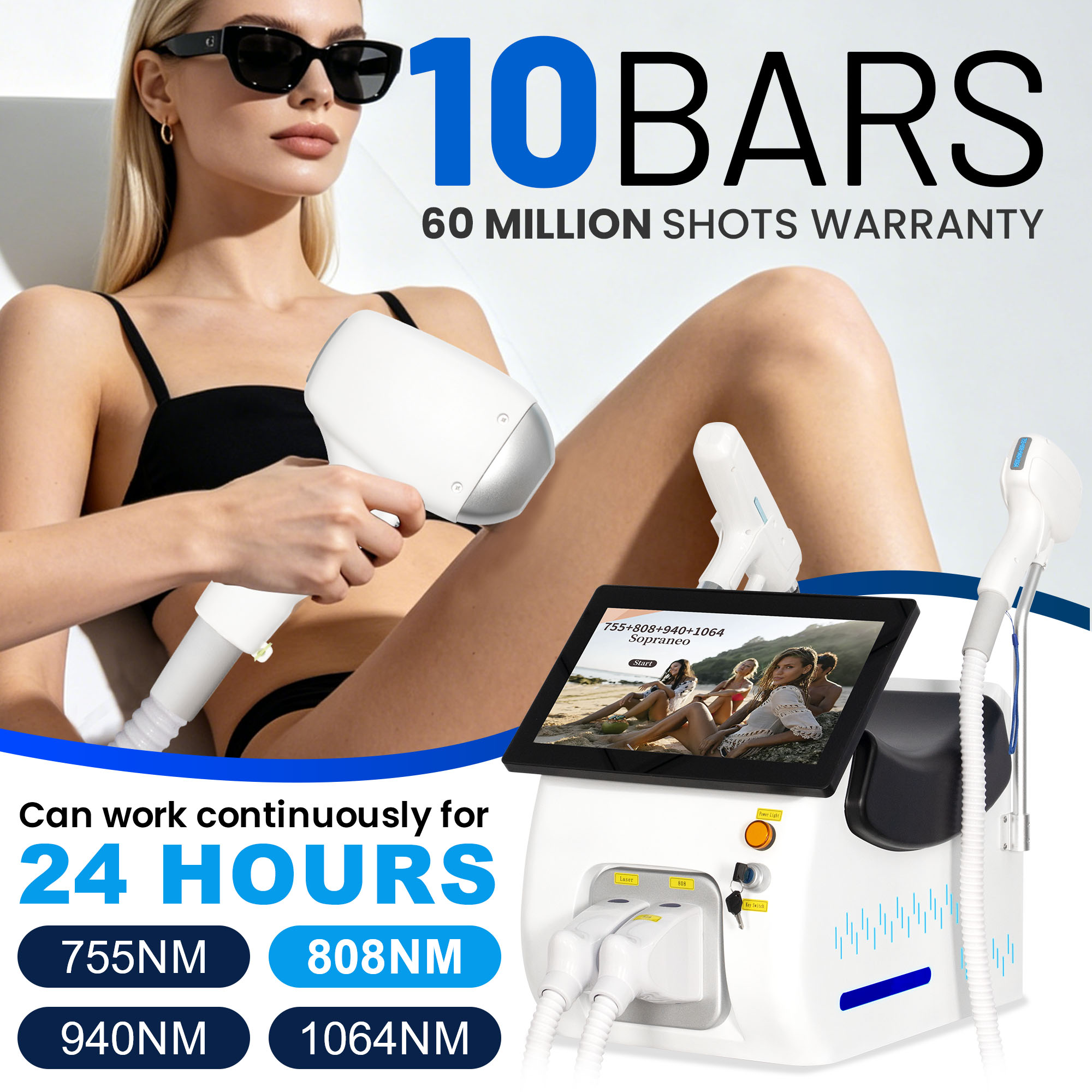2 in 1 Diode Laser Hair Removal Picosecond Laser Tattoo Removal 755 808 940 1064nm 10 Bars 60 Million Shots Ice Cooling