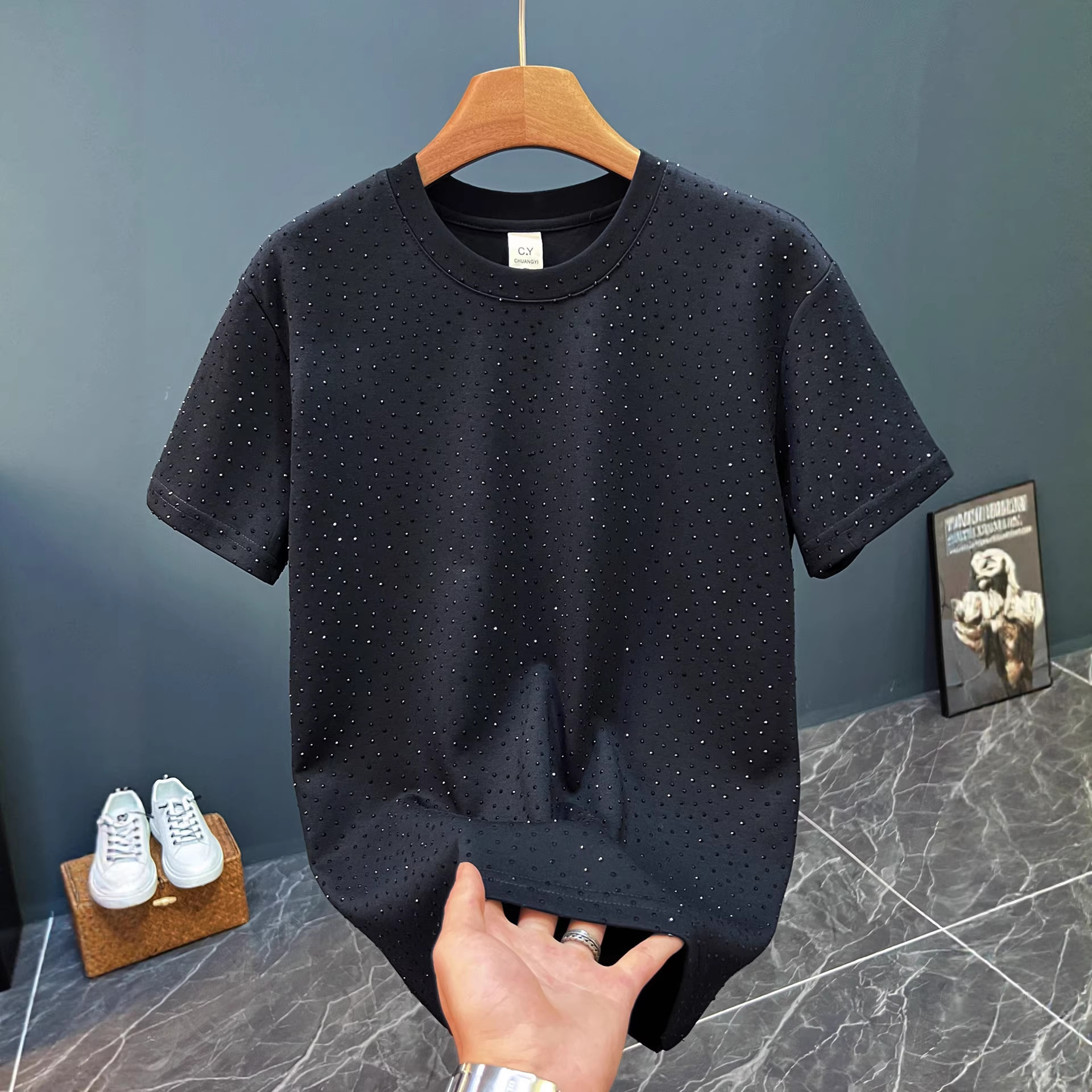 Heavyweight Washed Starry Designer T-shirt Short-sleeve T-shirt With Rhinestones Distressed Vintage American-style Hoodie Loose-fit M's T-shirt Polo Shirt