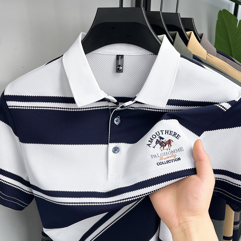 Summer Casual Thin Striped T-shirt For Men Short Sleeve Embroidered Designer T-shirt Pullover Turn-down Hoodie Collar Top Polo Shirt Men's Polo Shirt