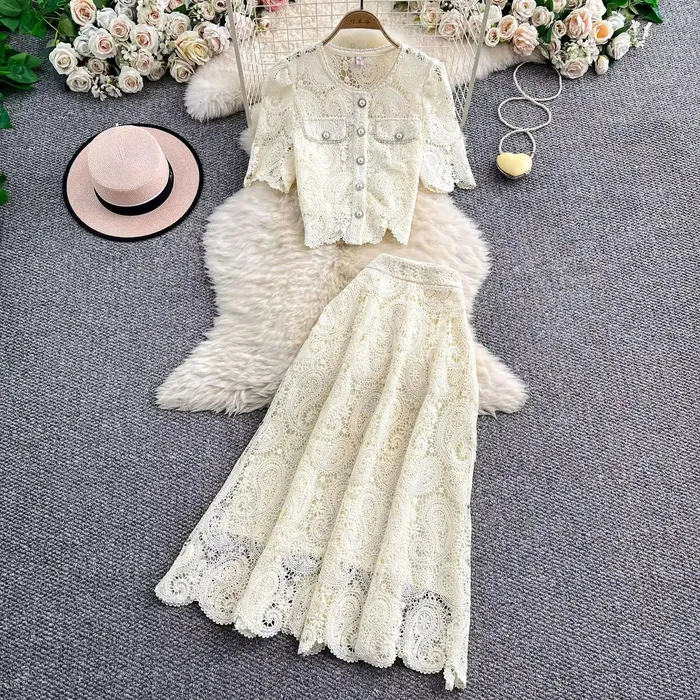 Elegant Pearl Long Dress Suit 2 Piece Sets Summer Short Sleeve Flower Embroidery Lace Shirt A Line Midi Skirt