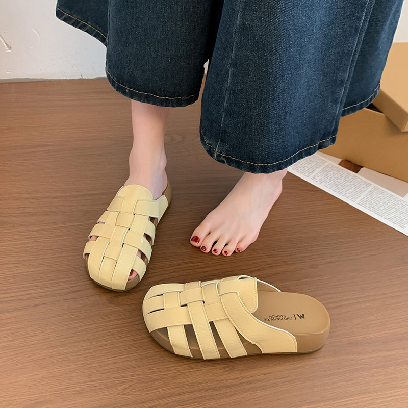 Closed-Toe Half Slippers for Women Summer New Style Woven Hollow Thick-Soled Slip-On Lazy Mules Daily Outfit