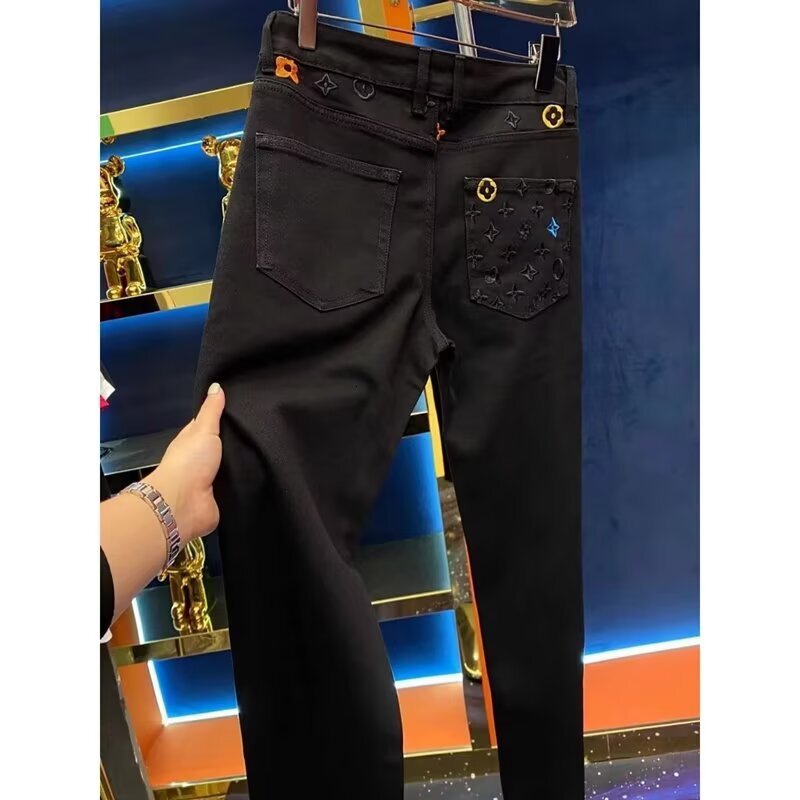 Designer Pants Jeans Men Men's Monogram Embroidered Black Jeans New European Style Slim Fit Light Luxury Casual Denim Pants