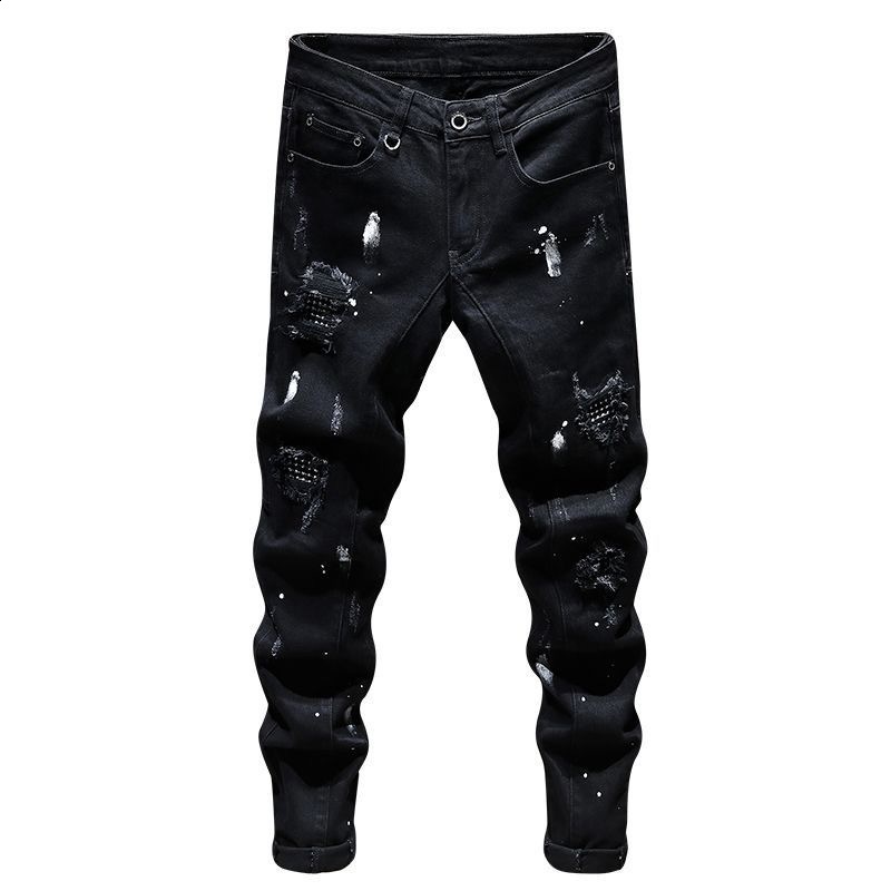 Men Motorcycle Biker Jeans Stylish Ripped Distressed Skinny Pencil Jeans Pants Holes Patch Slim Long Jeans Male Denim Trousers 240819