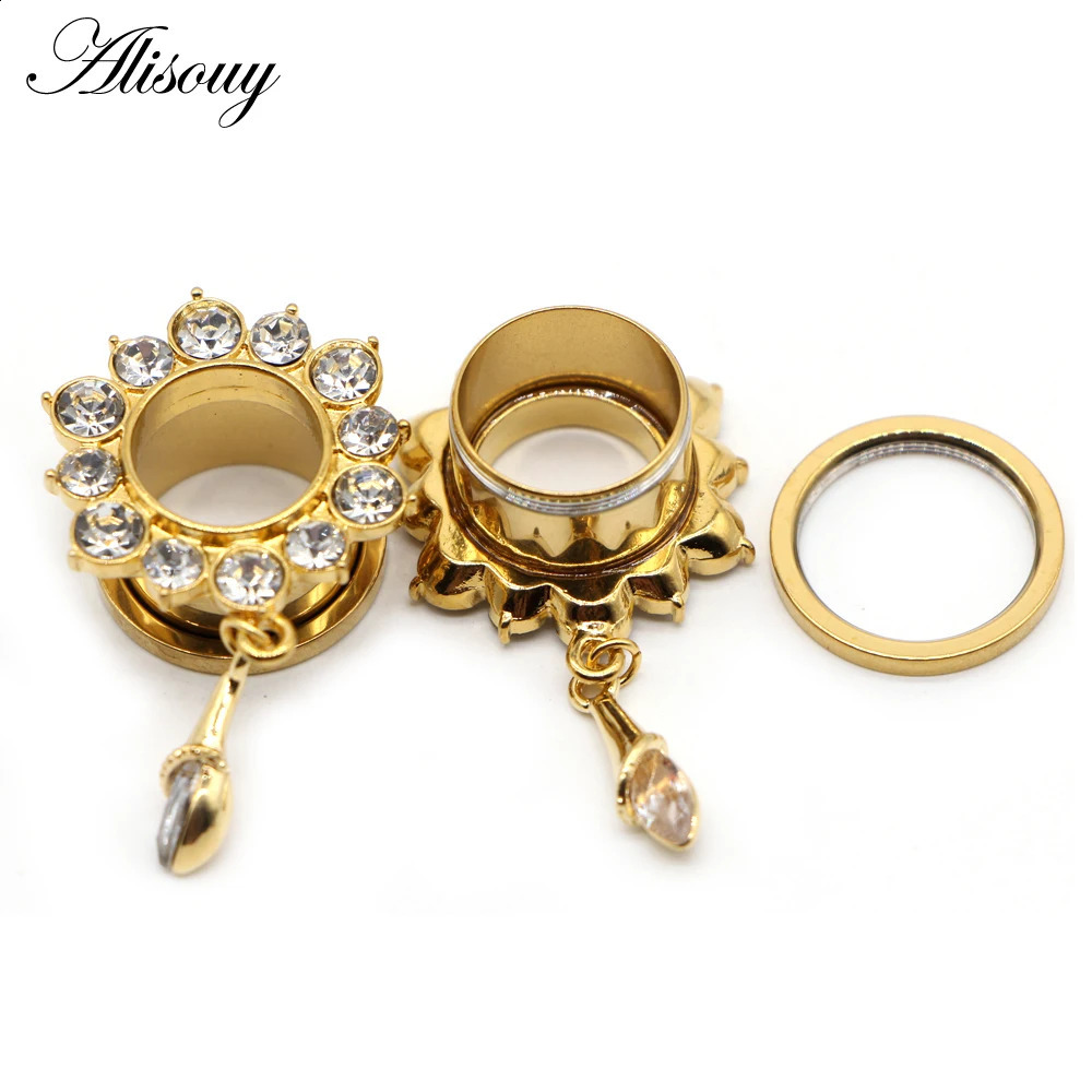 Alisouy 2pcs Water Drop Crystal Dangle Stainless Steel Ear Gauges Plugs Tunnel Expander Earring Stretcher Piercing Body Jewelry260528BJ - view 4