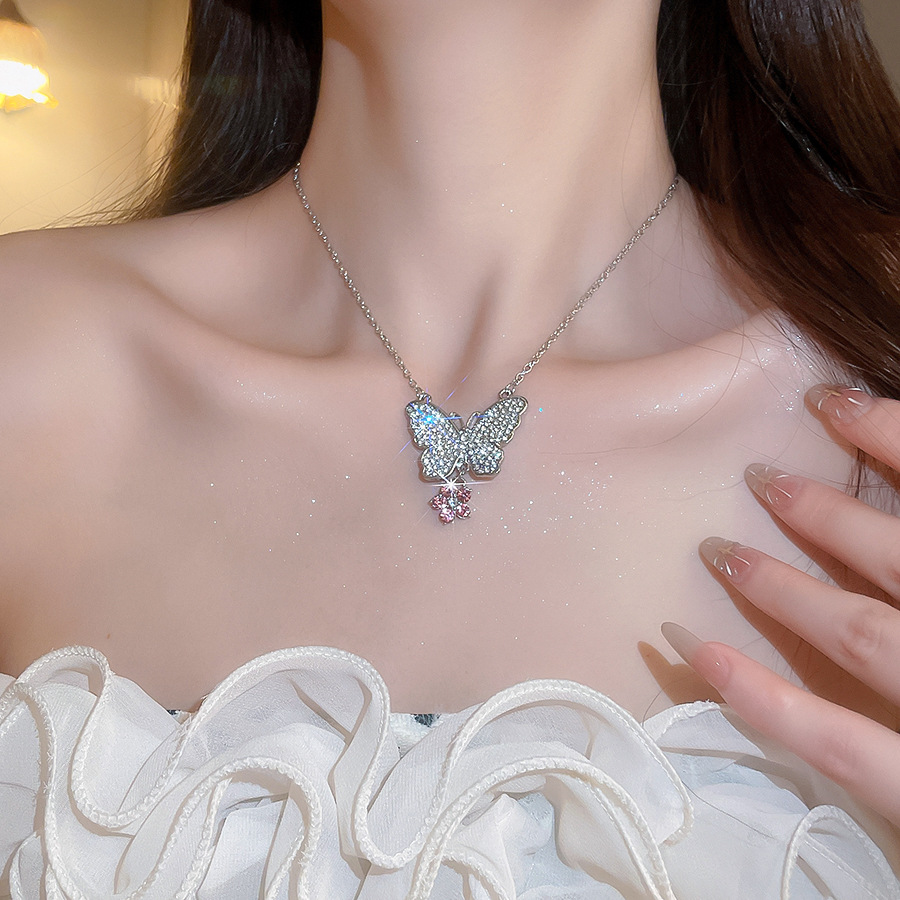 Silver Needle Diamond Inlaid Butterfly Flower Earrings and Necklace Set Exquisite Princess Style Luxurious Jewelry - view 4