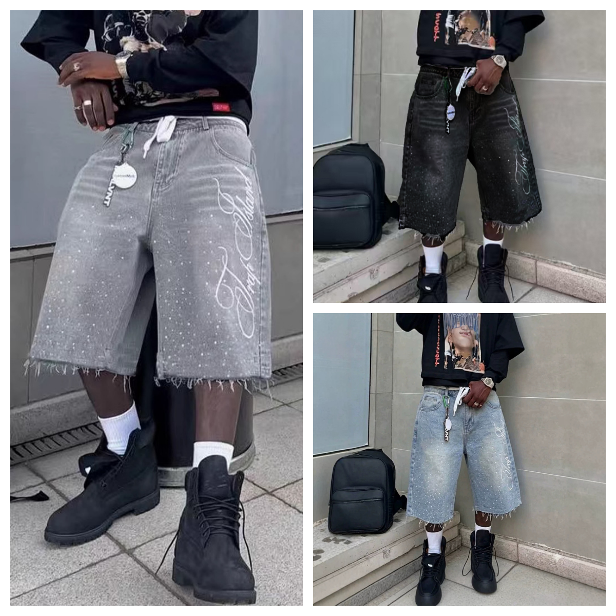 Men's Summer Rhinestone Denim Shorts Y2K Jeans Casual Knee Length Trendy Letter Rhinestone Embroidered Shiny Baggy Jeans Shorts Fashion Streetwea