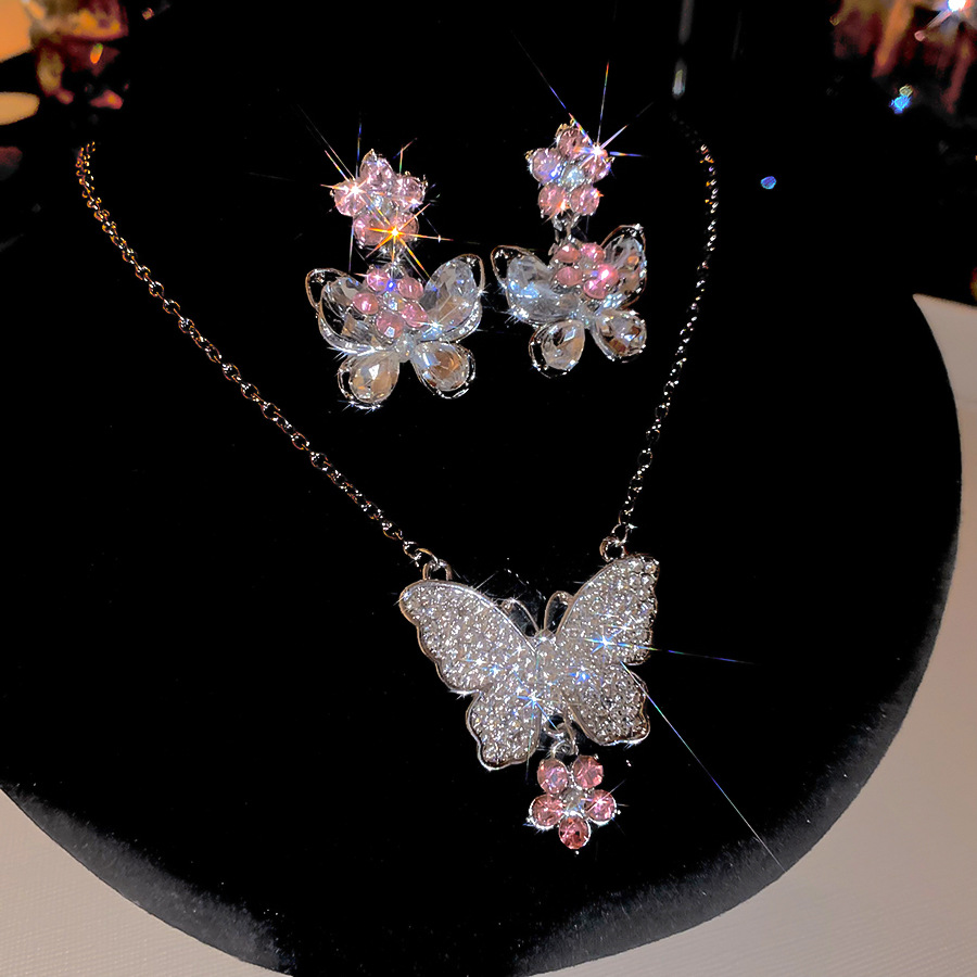 Silver Needle Diamond Inlaid Butterfly Flower Earrings and Necklace Set Exquisite Princess Style Luxurious Jewelry - view 9