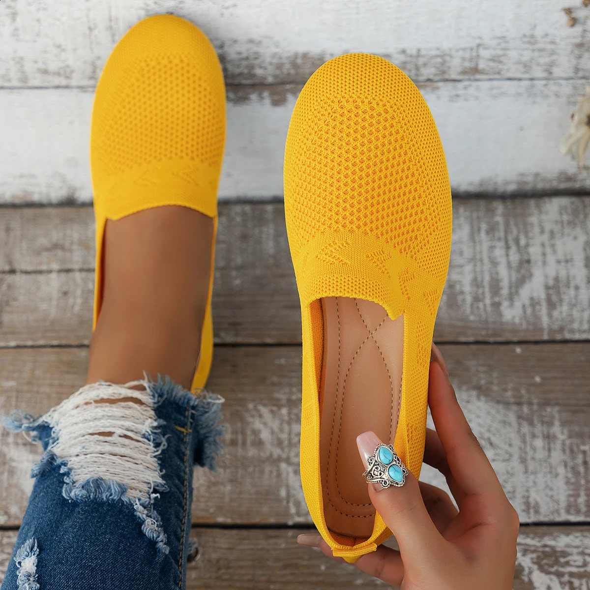 Casual round-toe knitted shoes comfortable walking shoes flat slip-on pumps 260525