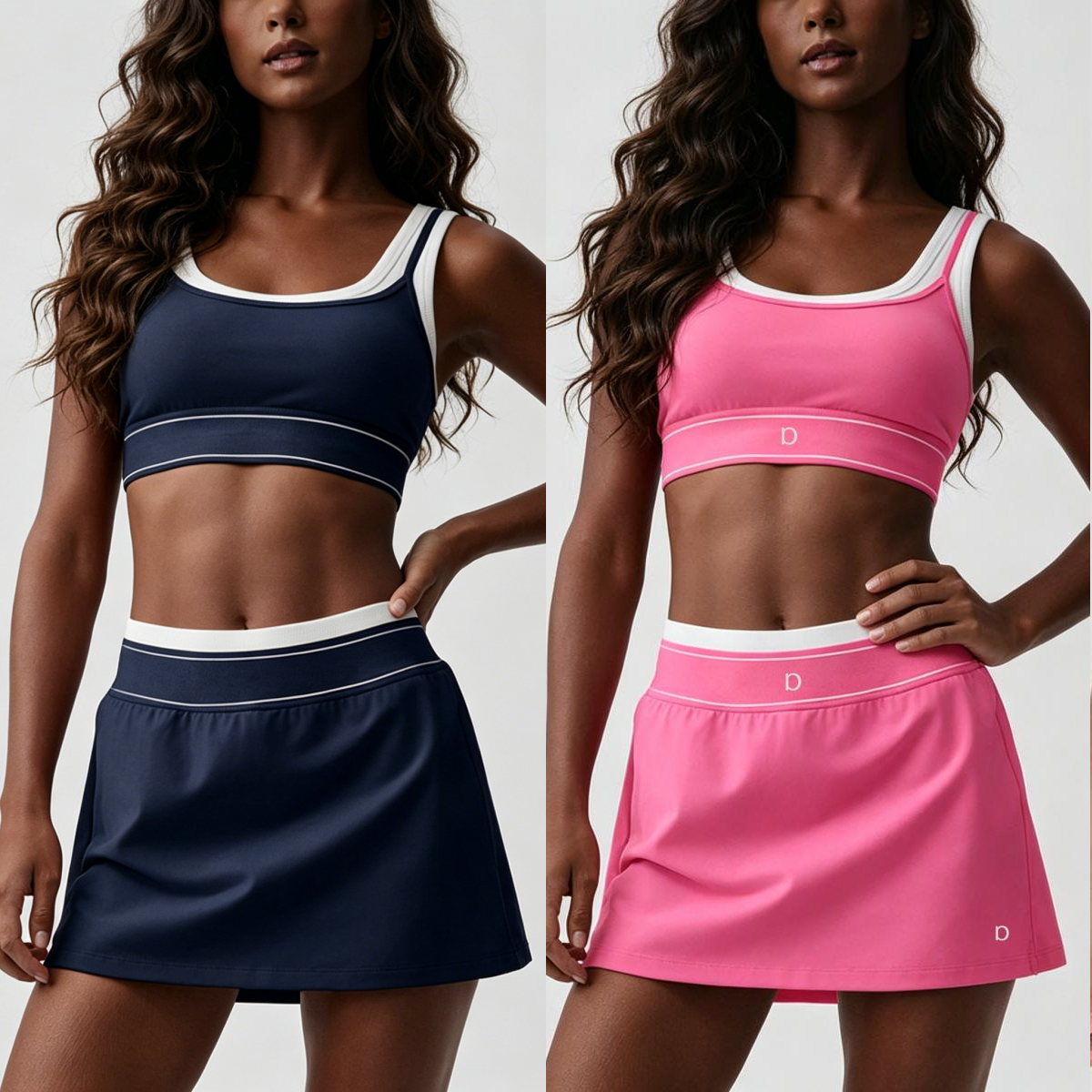 A1241 Women Yoga Bra And High Waist Skirts Fake Two Pieces of Contrast White Suspenders Running Sports Bra Bra Tennis Skirt Yoga Set