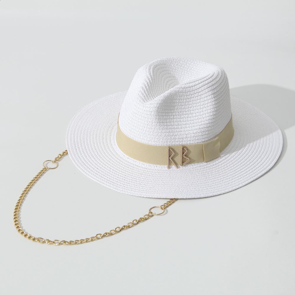 Chain Strap Straw Fedora Hat Embellished Beach Hats with Chain For Women Straw Woven Sun Hats Summer Holidaty Panama Hat 250103