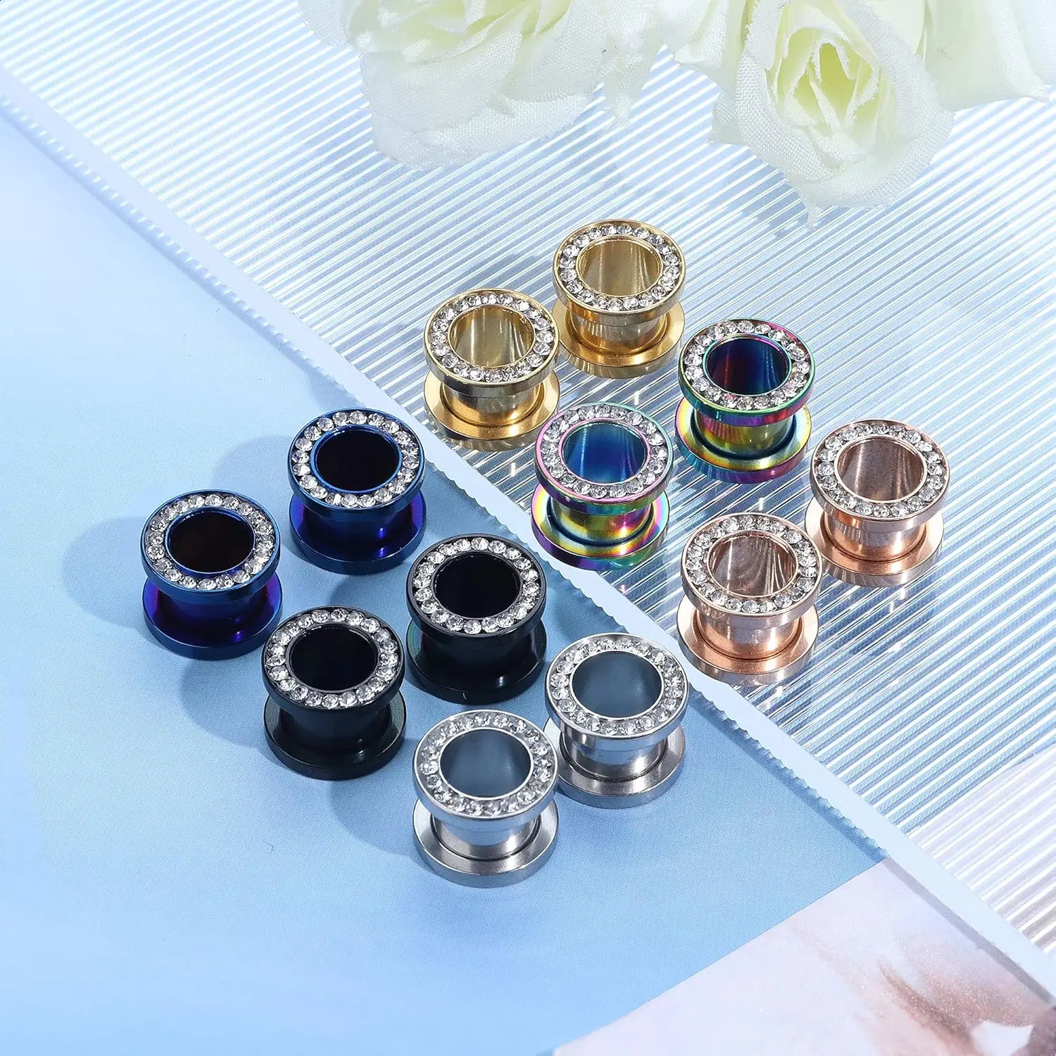 1Pair CZ White Zircon Ear Tunnel Expander Stainless Steel Earrings Ear Stretcher Piercings Jewelry Double Flared Screw Fit Ear260528BJ - view 3