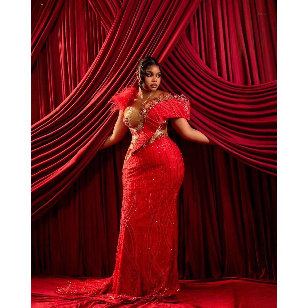Aso Ebi Red Mermaid Prom Dresses 2026 Crystals Beaded Feather Sequined Sparkly Evening Formal Party Second Birthday Engagement Gowns Dress For Special