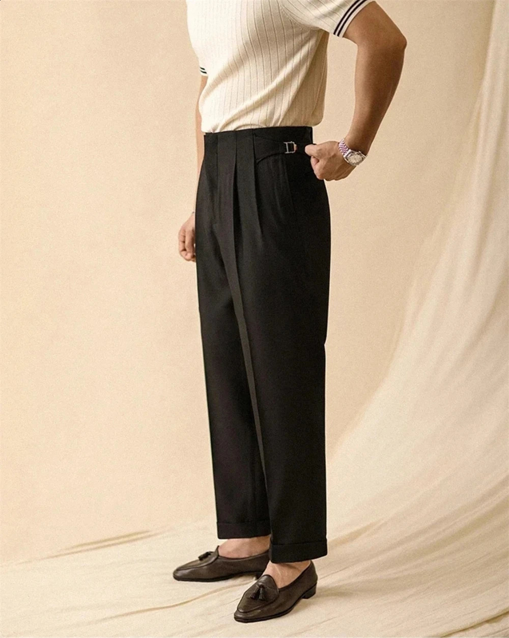 Men Summer Straight Pants Paris Button Non Ironing Loose Fitting Business Naples Casual High Waist Office Trousers y260618 - view 6