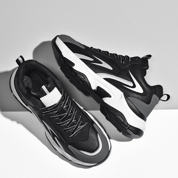 Mens Black Non Slip Grey Chunky Platform Dad Sneakers Lace Up Casual Daily Footwear Street Shoes - view 6