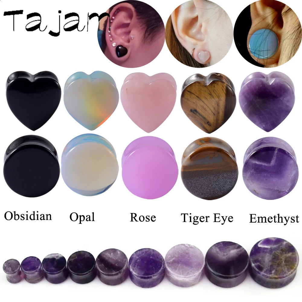 2PCS Heart Ear Plugs Natural Stone Ear Gauge Earring Flesh Tunnel Quartz Obsidian Opal Ears Expander Body Piercing 6-16mm260528BJ