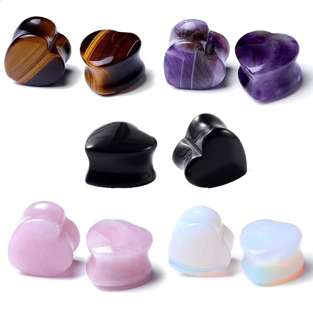 2PCS Heart Ear Plugs Natural Stone Ear Gauge Earring Flesh Tunnel Quartz Obsidian Opal Ears Expander Body Piercing 6-16mm260528BJ - view 3