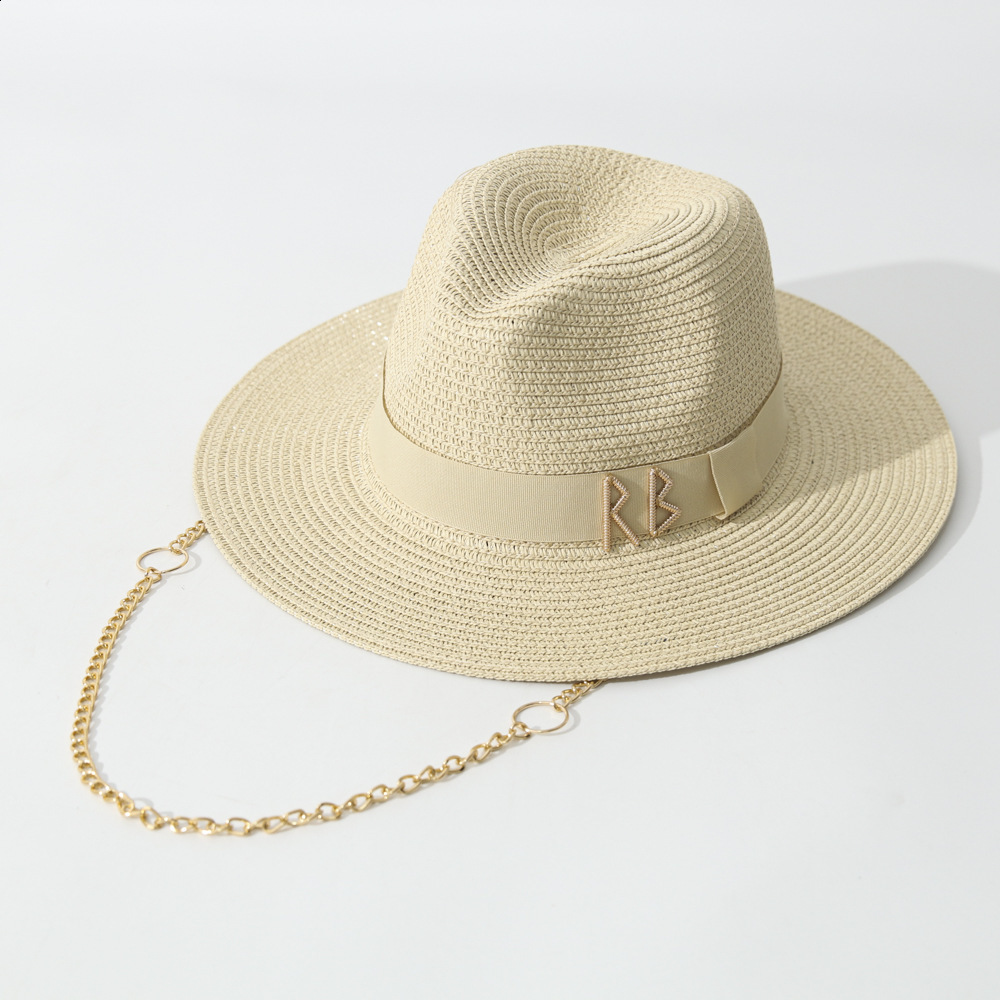 Chain Strap Straw Fedora Hat Embellished Beach Hats with Chain For Women Straw Woven Sun Hats Summer Holidaty Panama Hat 250103
