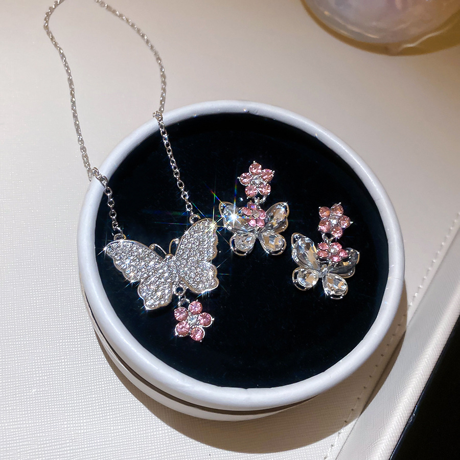 Silver Needle Diamond Inlaid Butterfly Flower Earrings and Necklace Set Exquisite Princess Style Luxurious Jewelry - view 5