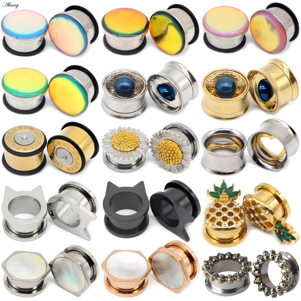 Alisouy 2pcs Heart Multiple Styles Screw Ear Flesh Tunnel Plugs Retro Flower Orelha Gagues Ear Expander Piercing Body Jewelry260528BJ