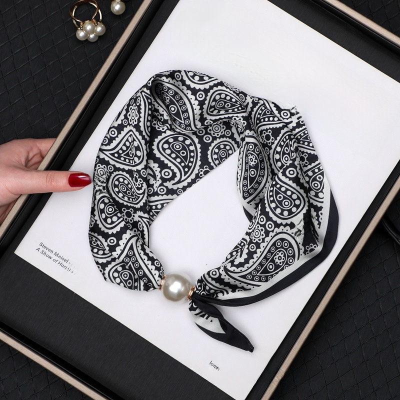 Exotic Style Pearl Magnetic Clasp Silk Four-Season Decorative Neck Protector Concealer Scarf Women's Small Tail Ribbon - view 5