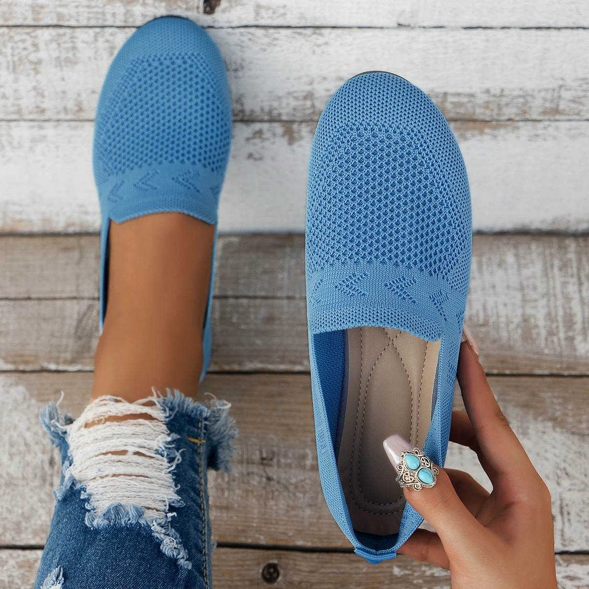 Casual round-toe knitted shoes comfortable walking shoes flat slip-on pumps 260525