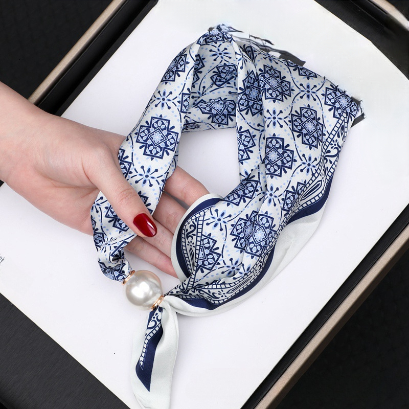 Exotic Style Pearl Magnetic Clasp Silk Four-Season Decorative Neck Protector Concealer Scarf Women's Small Tail Ribbon