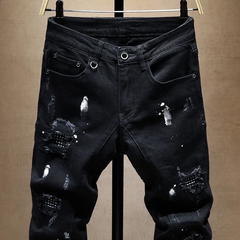 Men Motorcycle Biker Jeans Stylish Ripped Distressed Skinny Pencil Jeans Pants Holes Patch Slim Long Jeans Male Denim Trousers 240819