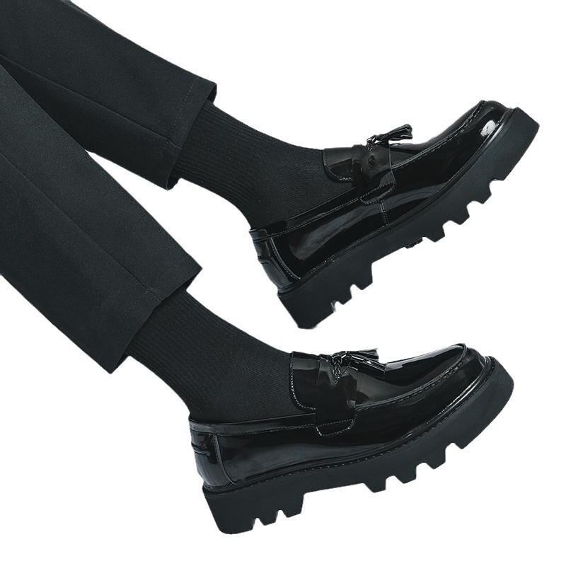 Mens Black Patent Tassel Loafers Chunky Platform Slip On Formal Casual Shoes