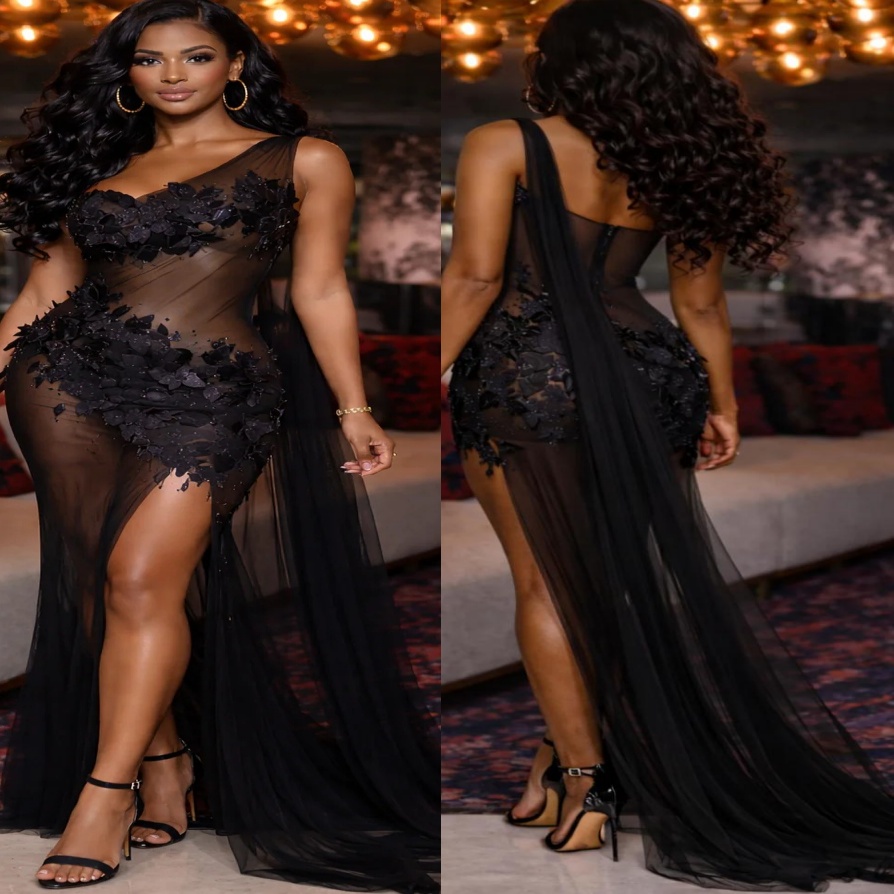 Aso Ebi Black Mermaid Prom Dress 2026 Evening Dress One Shoulder Floral Lace Tulle Birthday Formal Women Pageant Party Gowns Long Dinner Dresses ZJ098