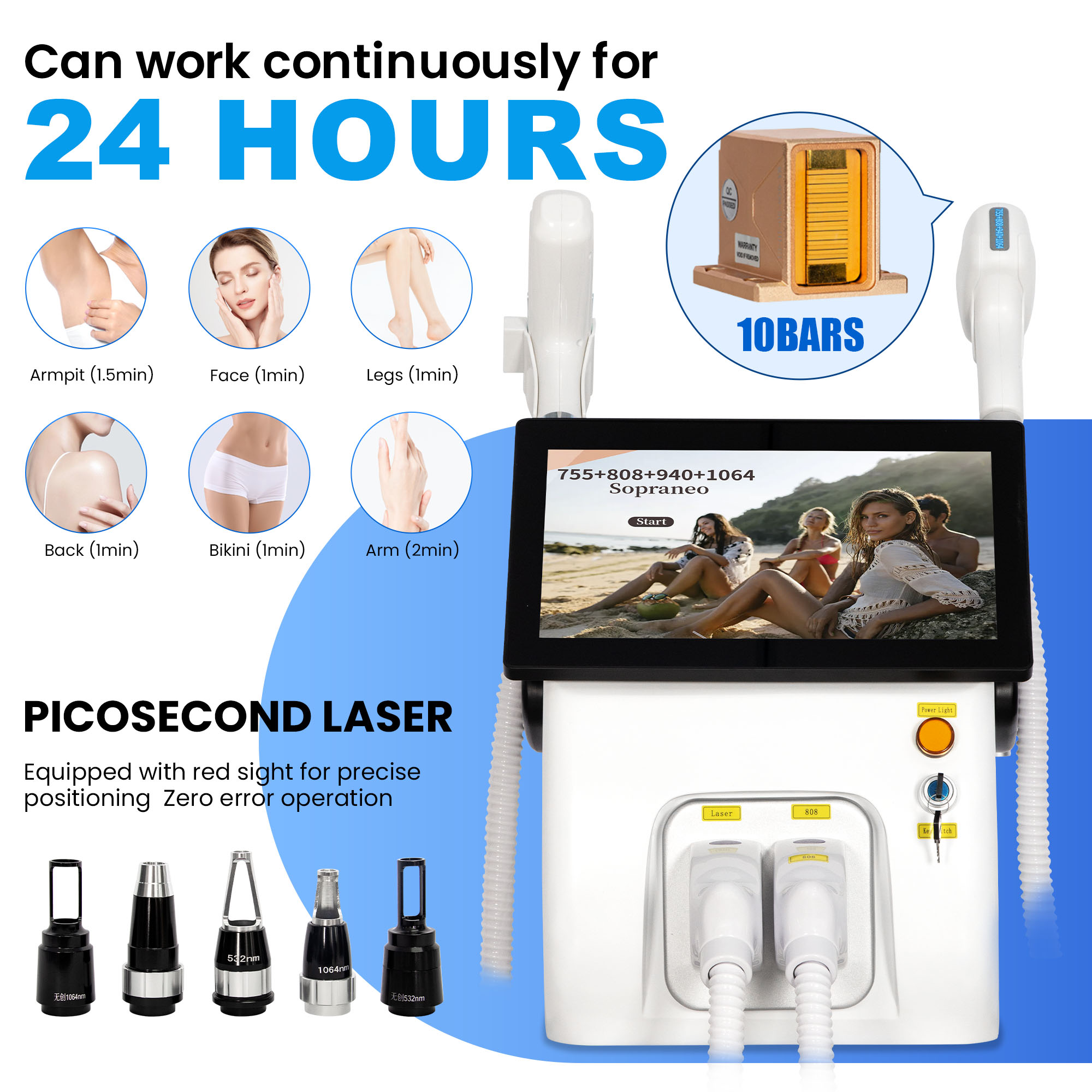 2 in 1 Diode Laser Hair Removal Picosecond Laser Tattoo Removal 755 808 940 1064nm 10 Bars 60 Million Shots Ice Cooling