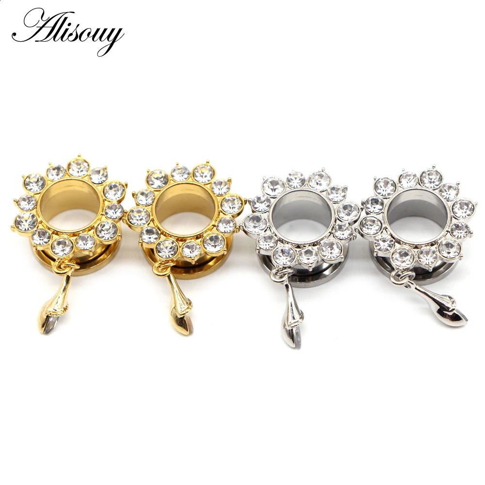 Alisouy 2pcs Water Drop Crystal Dangle Stainless Steel Ear Gauges Plugs Tunnel Expander Earring Stretcher Piercing Body Jewelry260528BJ - view 3