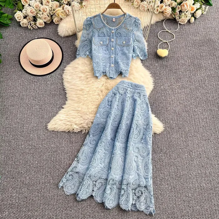 Elegant Pearl Long Dress Suit 2 Piece Sets Summer Short Sleeve Flower Embroidery Lace Shirt A Line Midi Skirt