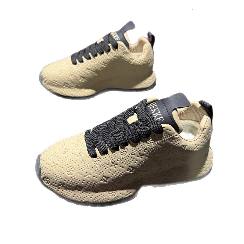 Mens Daily Footwear Black Embossed Pattern Retro Running Sneakers Beige Accent Non Slip Casual Shoes - view 6