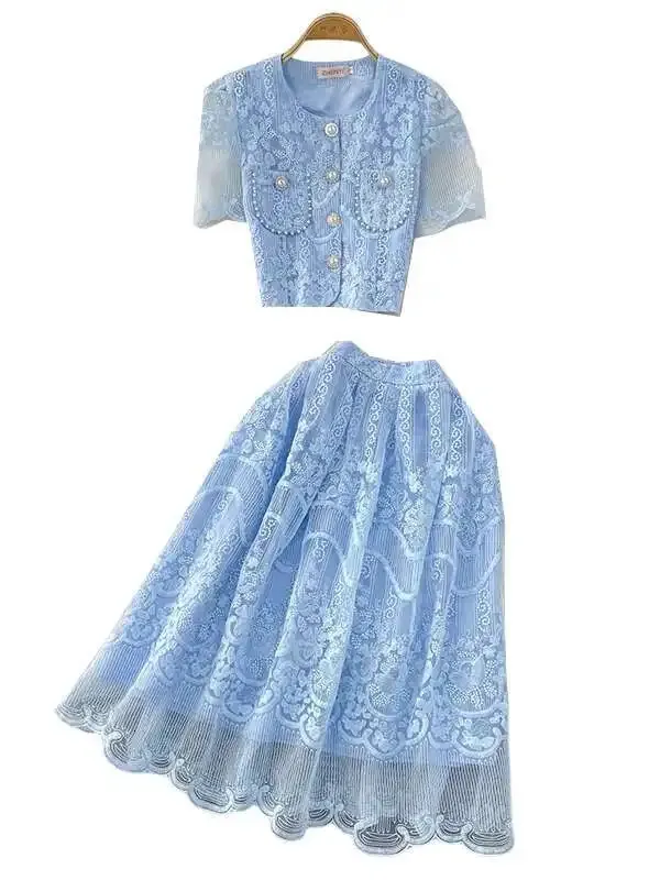 Elegant Pearl Long Dress Suit 2 Piece Sets Summer Short Sleeve Flower Embroidery Lace Shirt A Line Midi Skirt