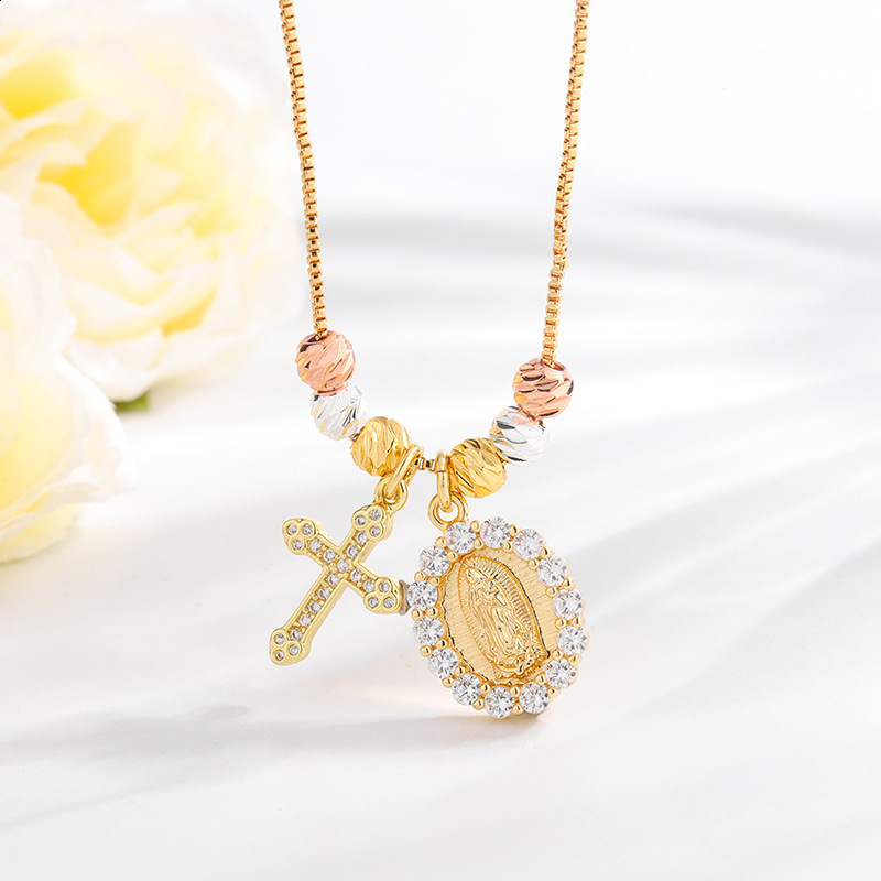 Virgin Mary Pendant Necklace Catholic Medal Brass Zircon Our Lady of Guadalupe Chain Miraculous Religious Gift for Women 260407